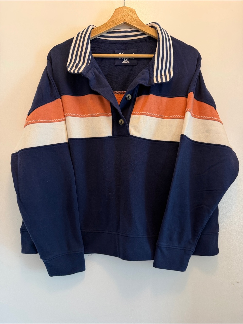 Natural Reflections Navy Button Up Striped Rugby Shirt Size Large